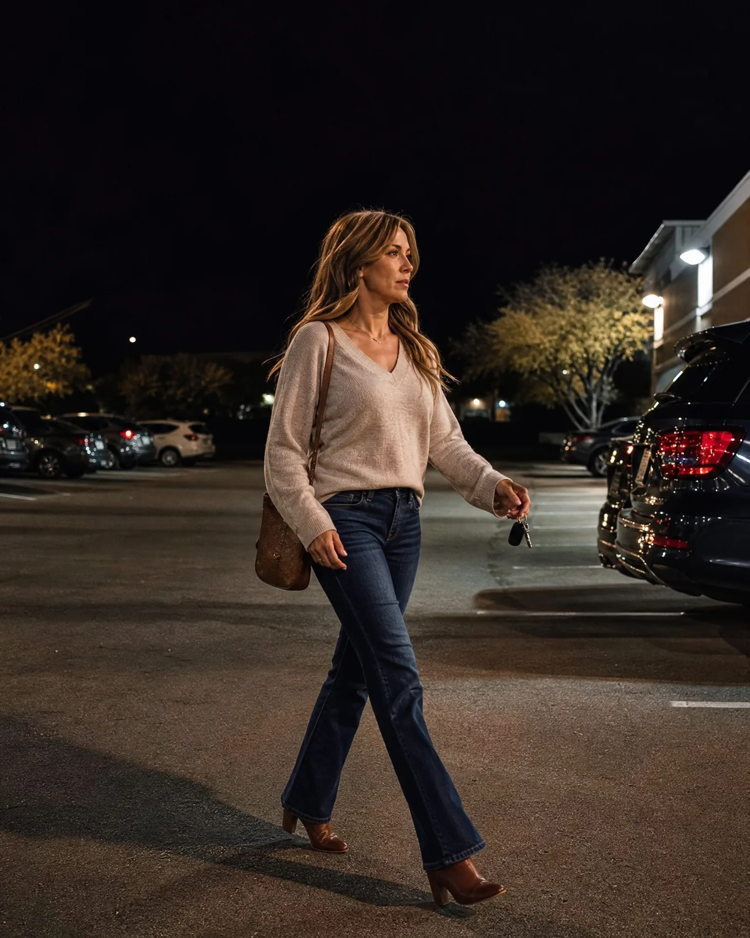 A woman in a light knit sweater, dark bootcut jeans and tan heeled boots walks across a parking lot at night, holding keys and carrying a brown shoulder bag, with parked cars and a lit building behind her.
