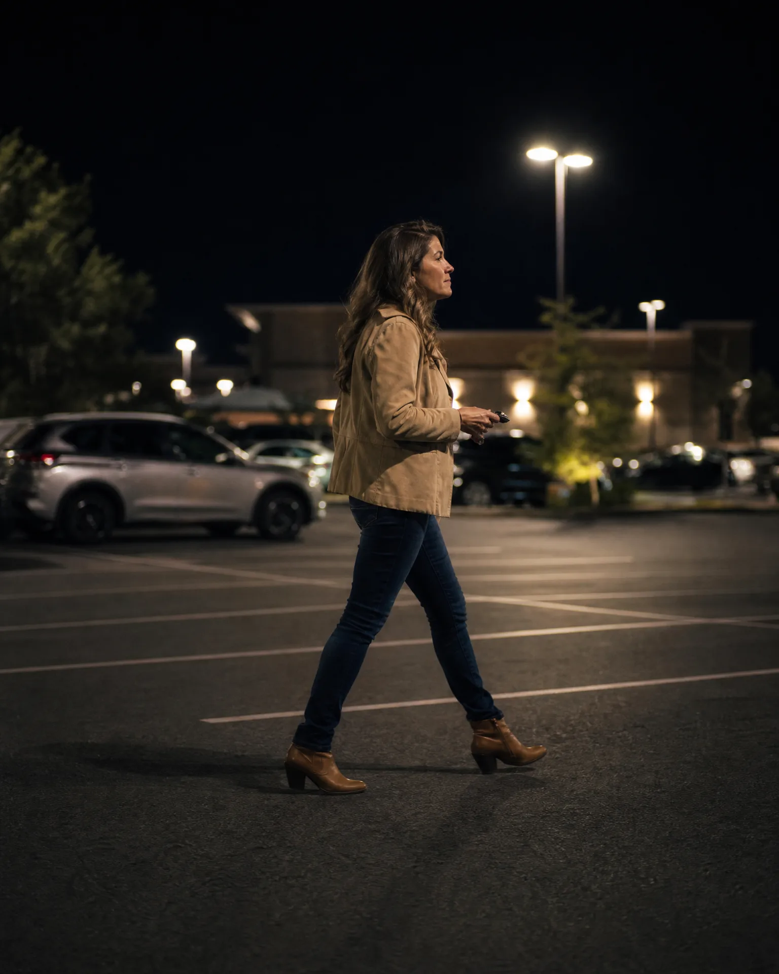 A woman in a tan jacket, jeans, and brown heeled ankle boots walks across an empty parking lot at night, holding keys, with a parked SUV, lit buildings, and light poles in the background.