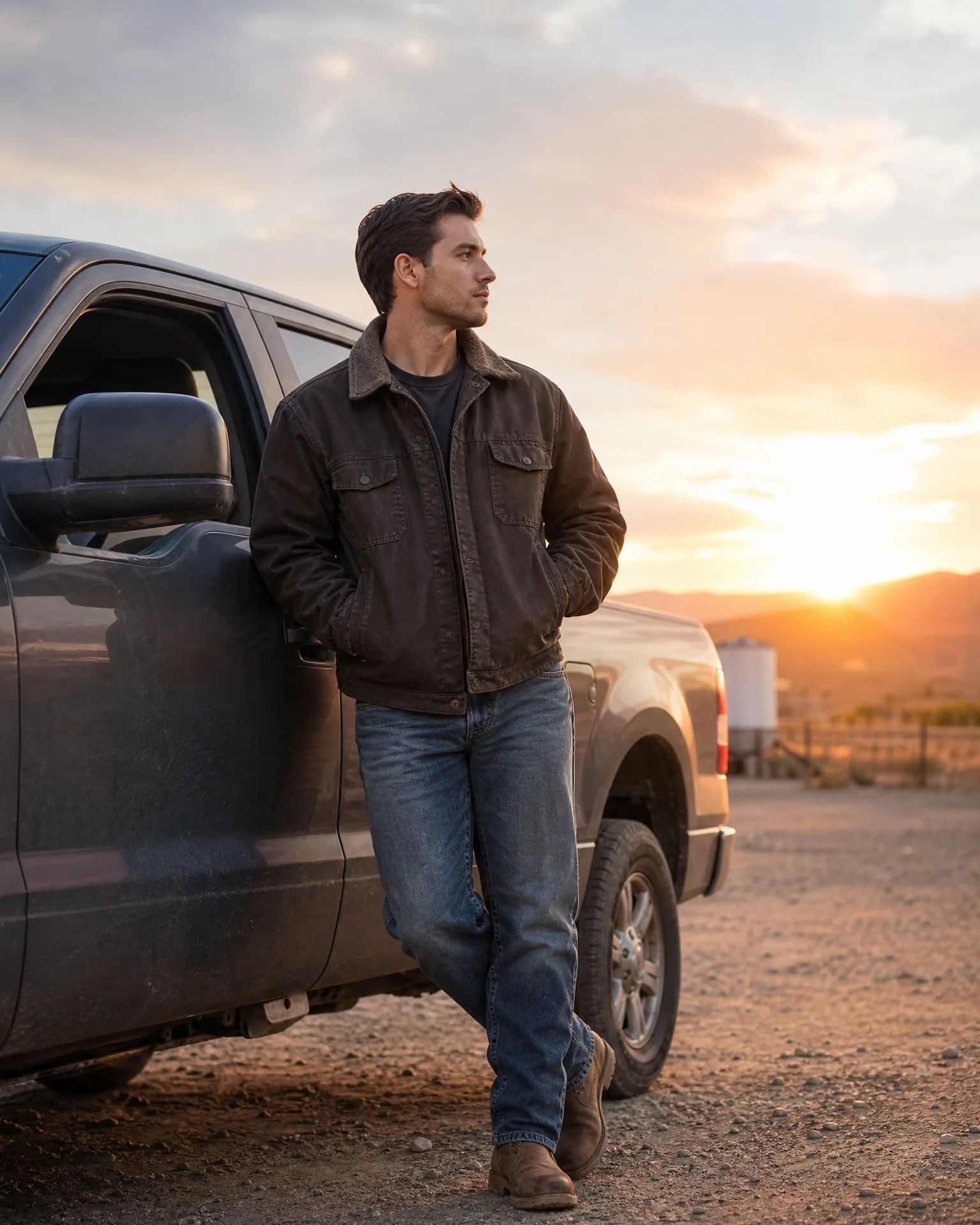 A man in a dark jacket and jeans leans against the side of a pickup truck on a gravel area, with hills and a low sun in the background.