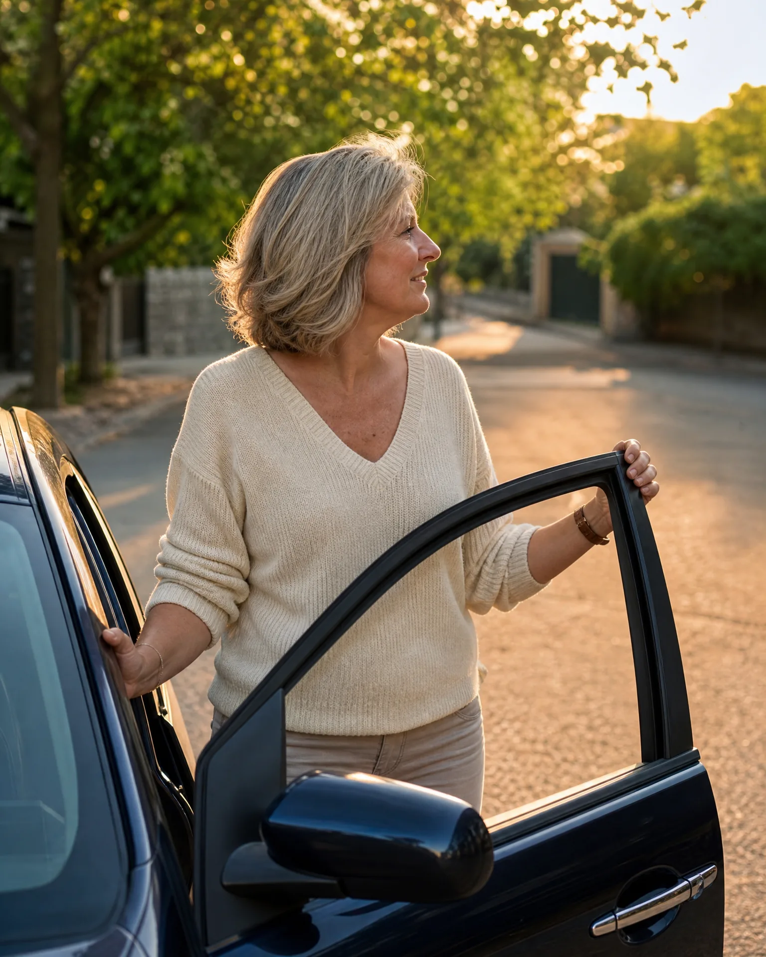 A woman with shoulder-length blonde hair in a cream sweater stands beside a dark car with the front door open, looking off to the side on a sunlit tree-lined street.