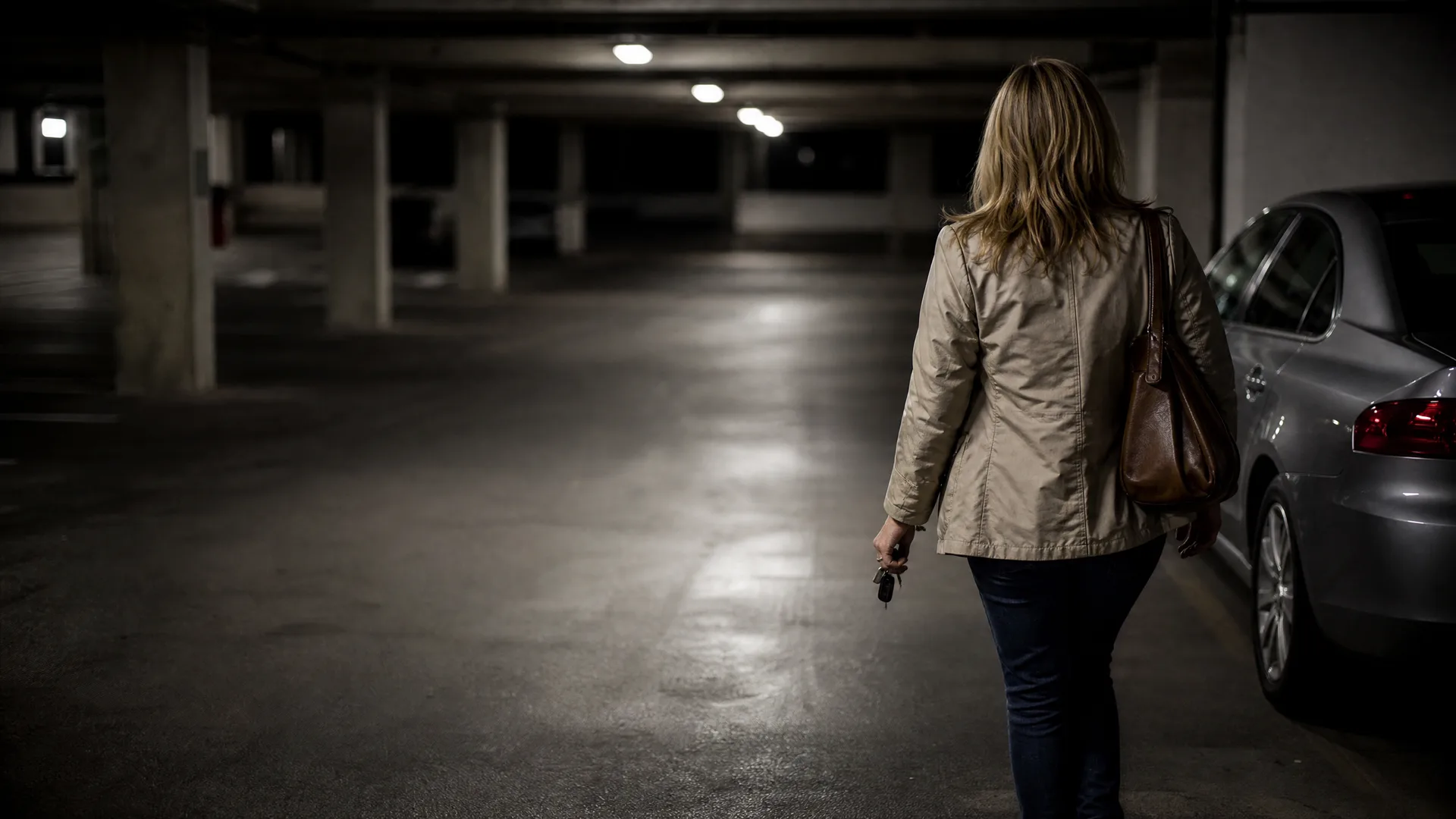 A woman with long blonde hair, wearing a beige jacket, jeans and a brown shoulder bag, walks away from the camera holding keys in a dimly lit parking garage beside a silver car.