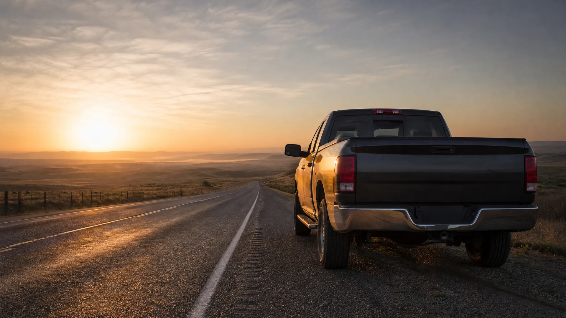 A dark pickup truck seen from behind on the shoulder of a two-lane road crossing open grassland at sunset.