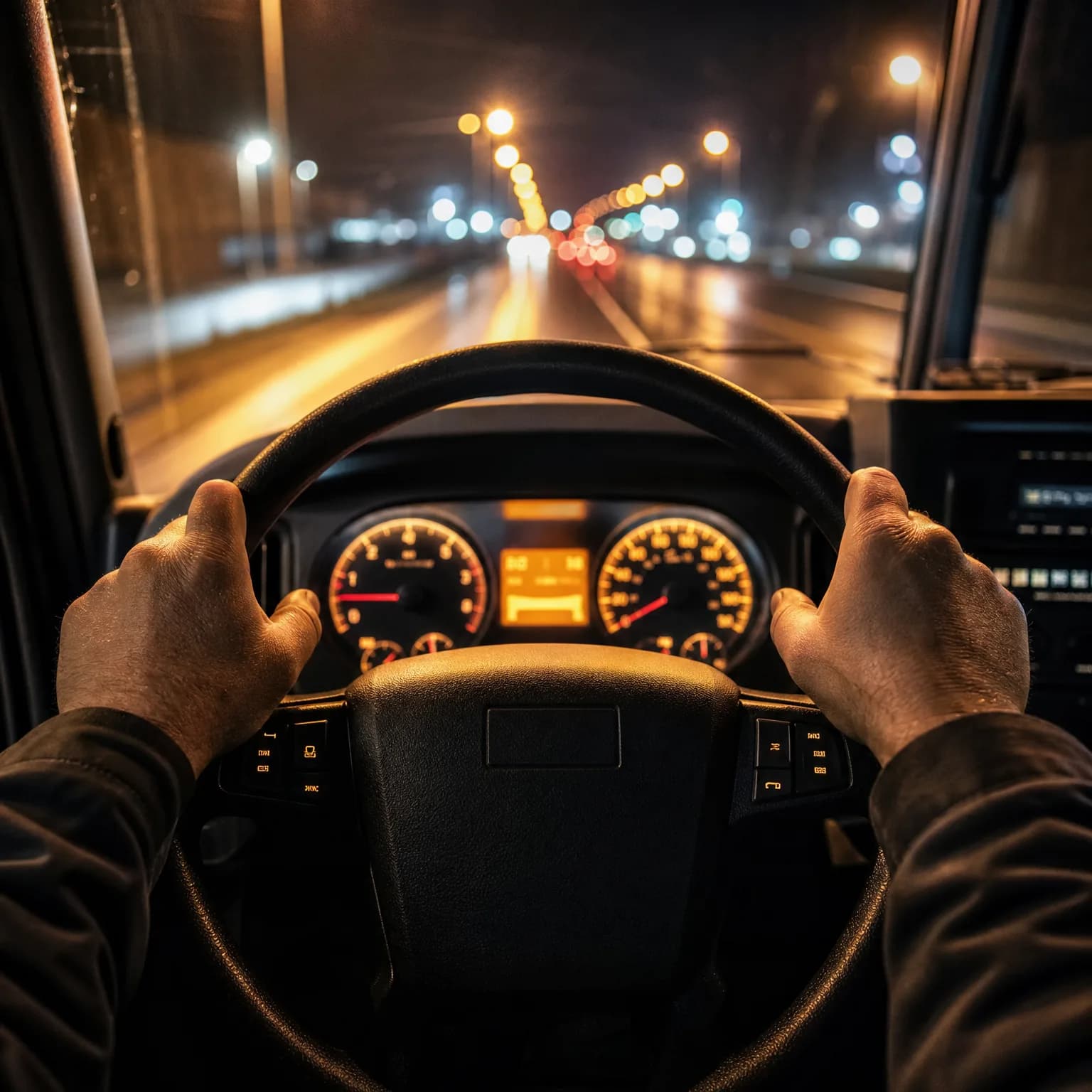 Driver's-eye view from inside a vehicle at night, with two hands gripping the steering wheel, illuminated instrument dials ahead, and a road with blurred street and vehicle lights through the windshield.