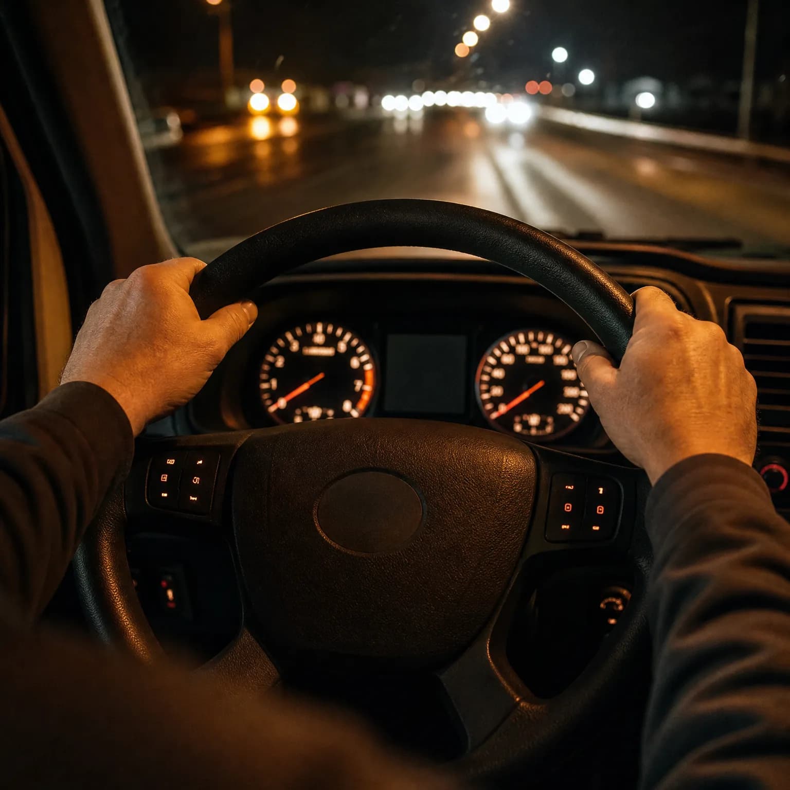 View from the driver's seat at night showing two hands gripping a steering wheel, illuminated gauges on the dashboard, and a wet road with blurred lights through the windshield.
