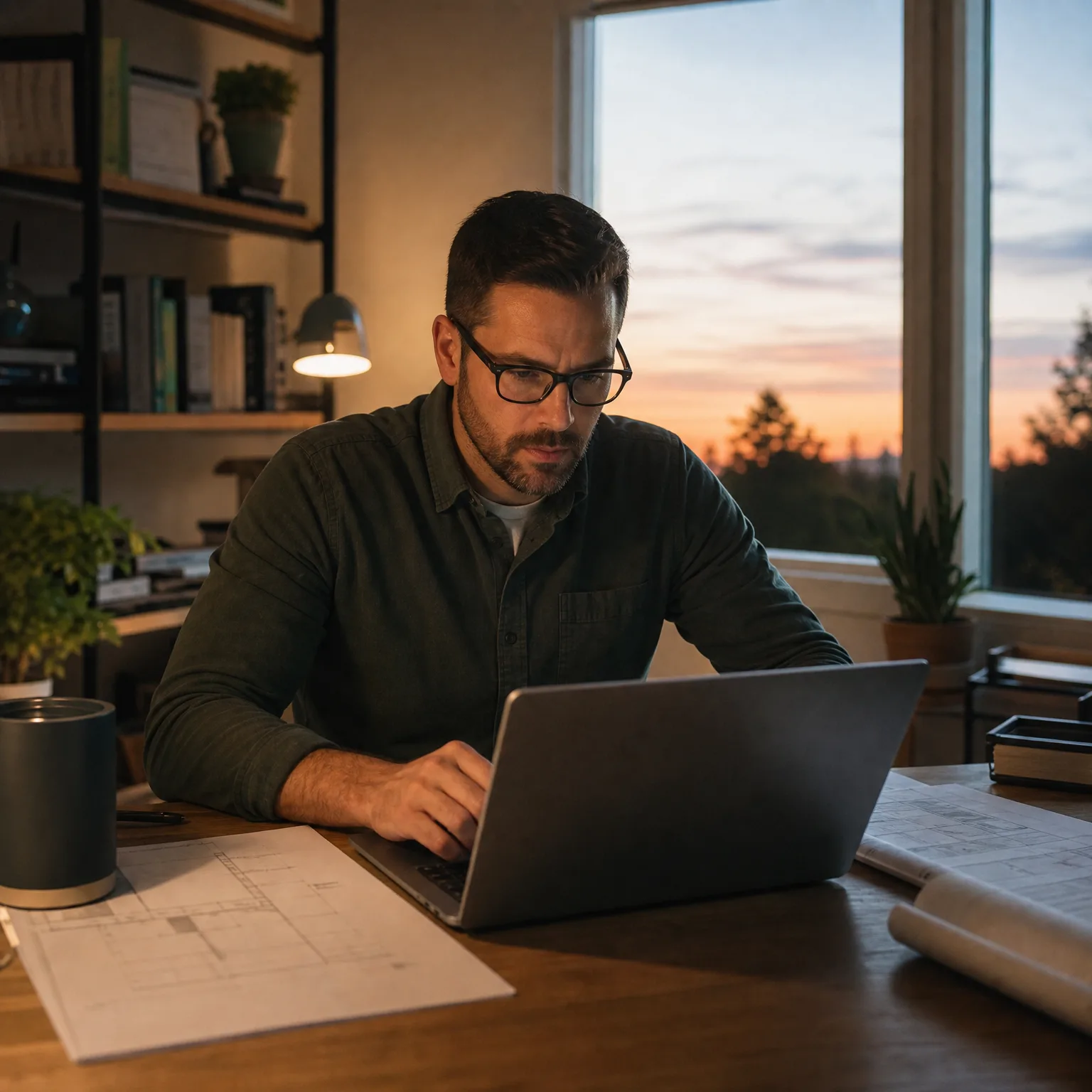 A man with glasses and a dark shirt works at a laptop on a wooden desk with rolled and flat technical drawings, beside a window showing a dusk sky and distant evergreen trees.
