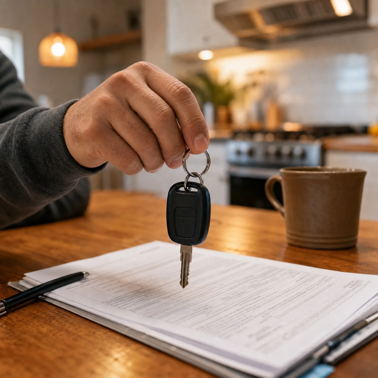 A hand holds a black-fobbed key over a stack of printed documents on a wooden table, with a pen and a ceramic mug nearby and a blurred kitchen in the background.