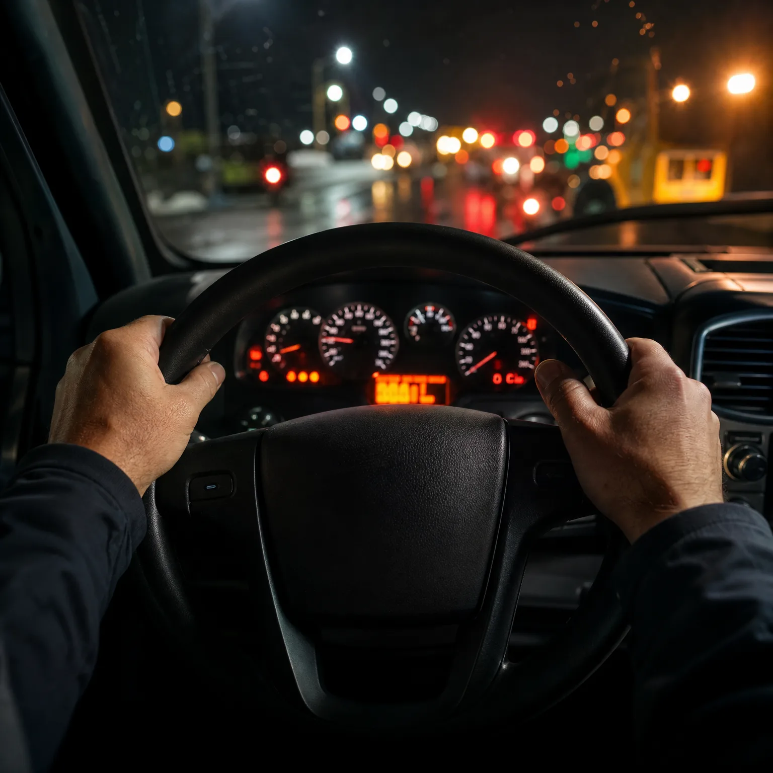 Driver's-eye view from inside a car at night, with two hands gripping the steering wheel, a lit instrument cluster behind it, and blurred traffic and street lights on a wet road through the windshield.