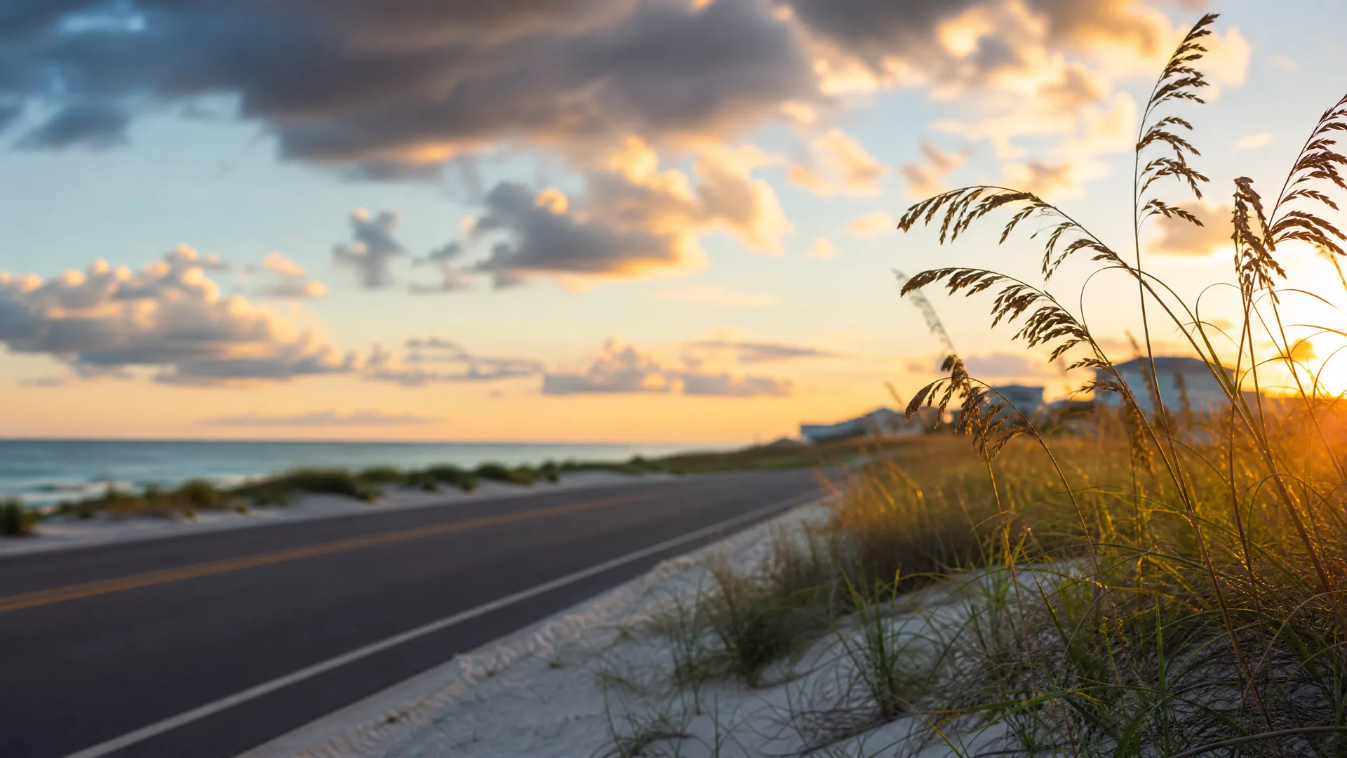 A coastal road with painted lane markings runs beside sand dunes and backlit sea oats at sunset, with the ocean and distant buildings under a cloud-streaked sky.