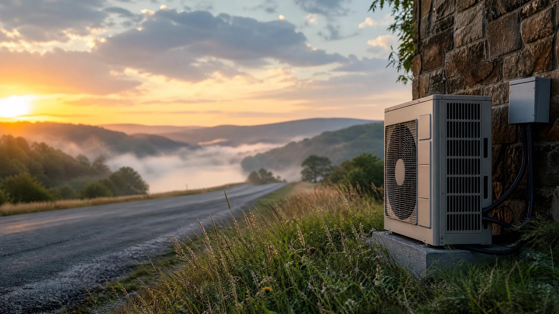An outdoor air conditioning condenser unit on a concrete pad beside a stone wall, with conduit and an electrical box, next to a roadside grassy verge overlooking misty hills at sunrise.