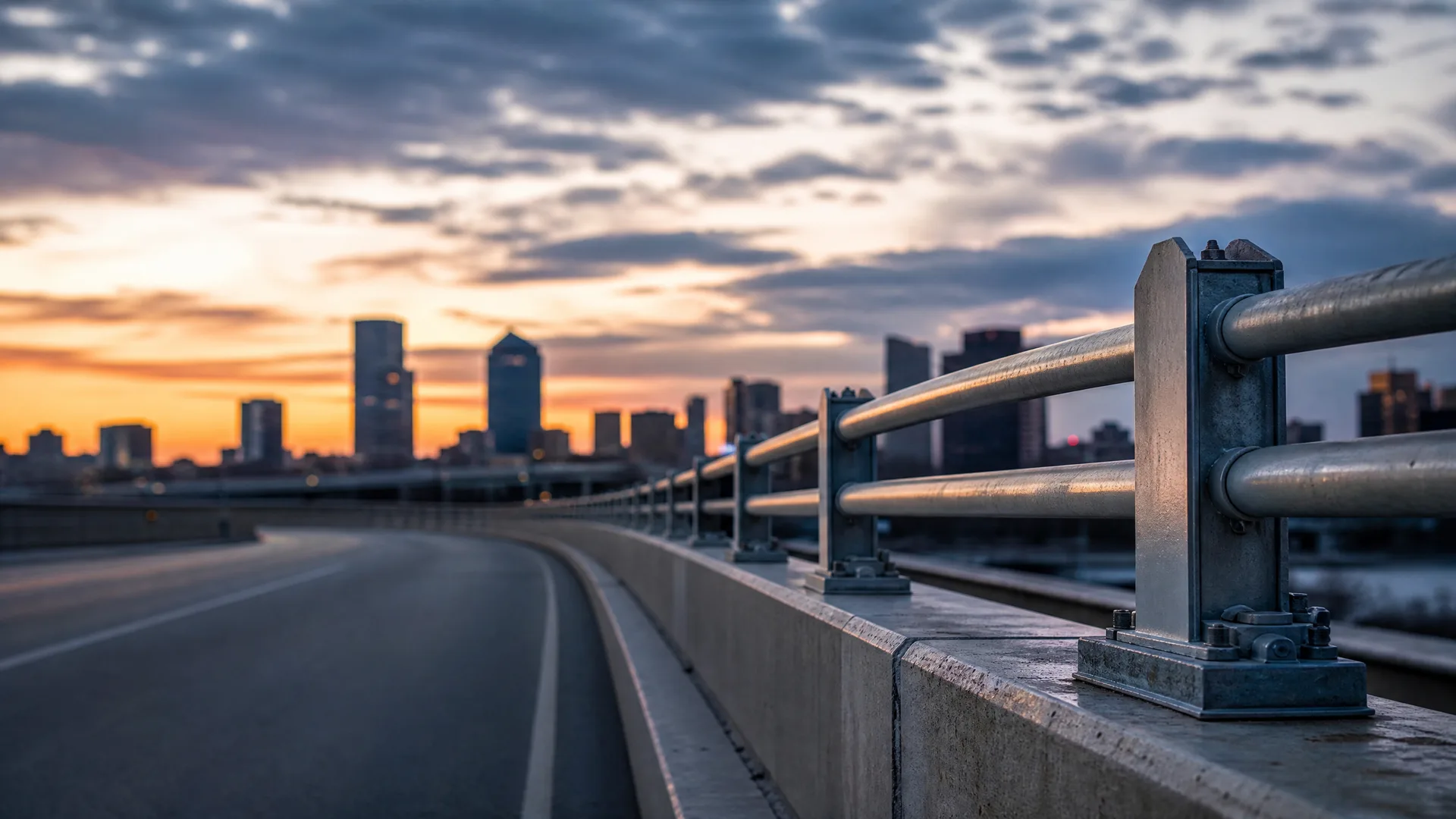 An empty curving road on a bridge beside a concrete barrier with a metal tube railing, with a blurred city skyline under an orange and cloudy sky at sunset.