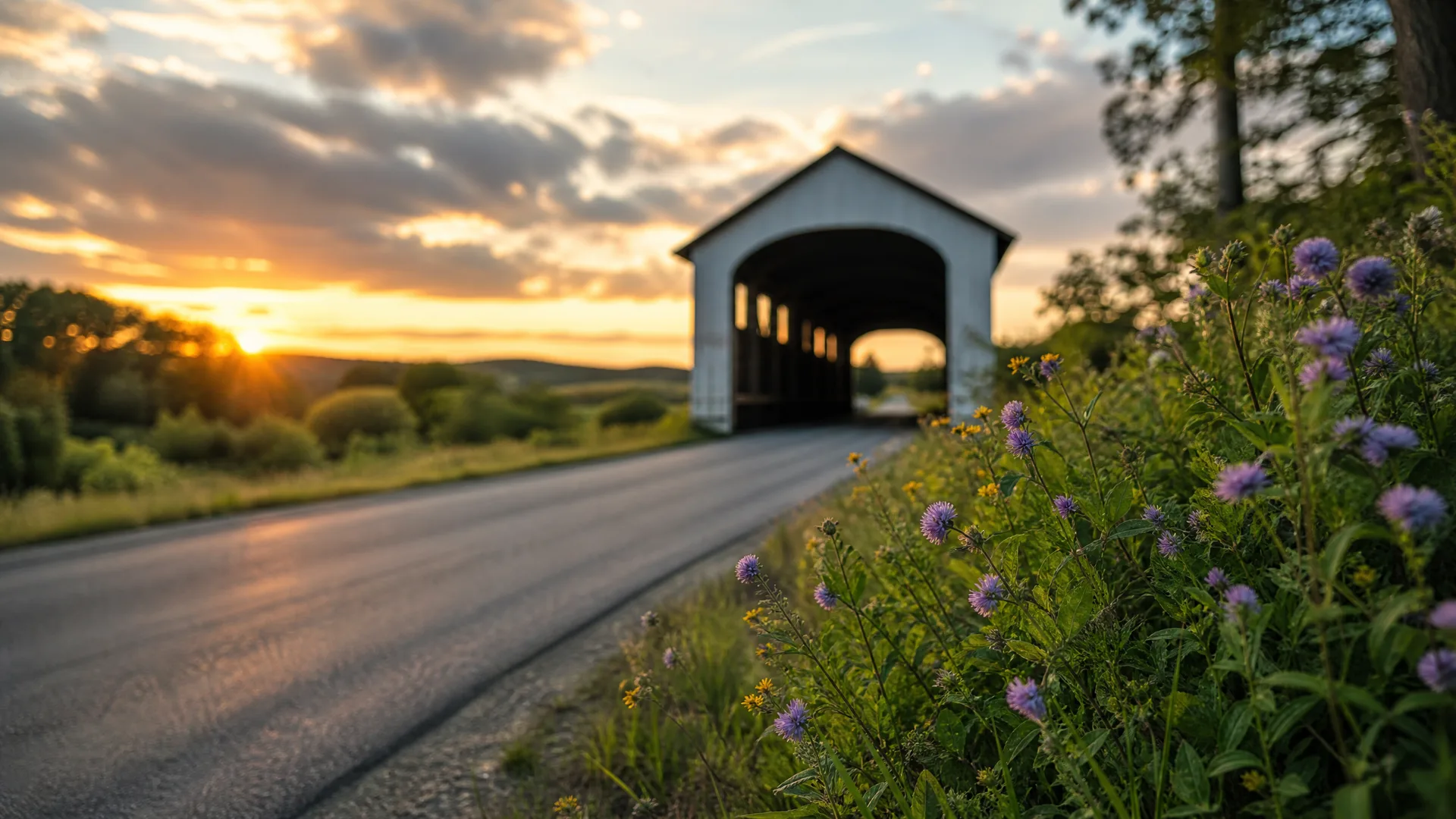 A paved road leads to a white covered bridge at sunset, with purple wildflowers and green foliage in the foreground on the right.