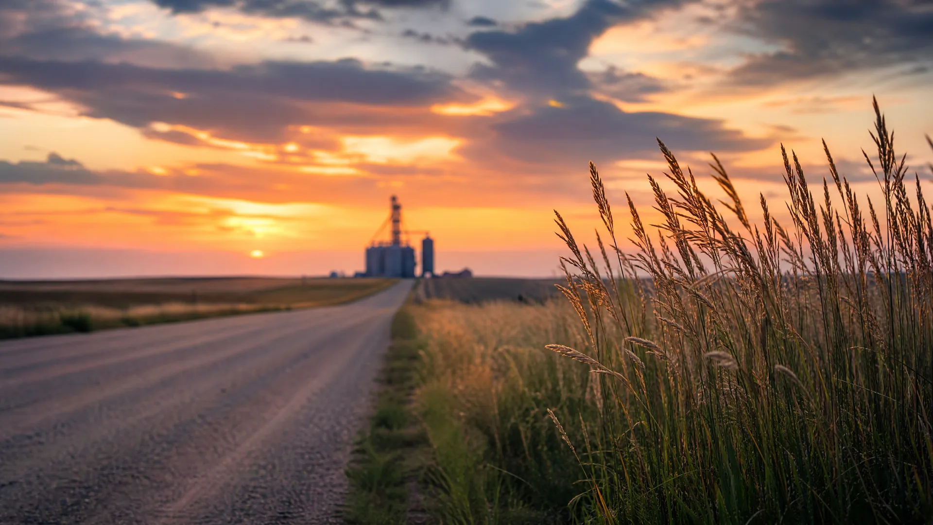 A gravel road runs through flat farmland toward distant grain silos at sunset, with tall grasses in sharp focus along the right roadside and orange clouds overhead.