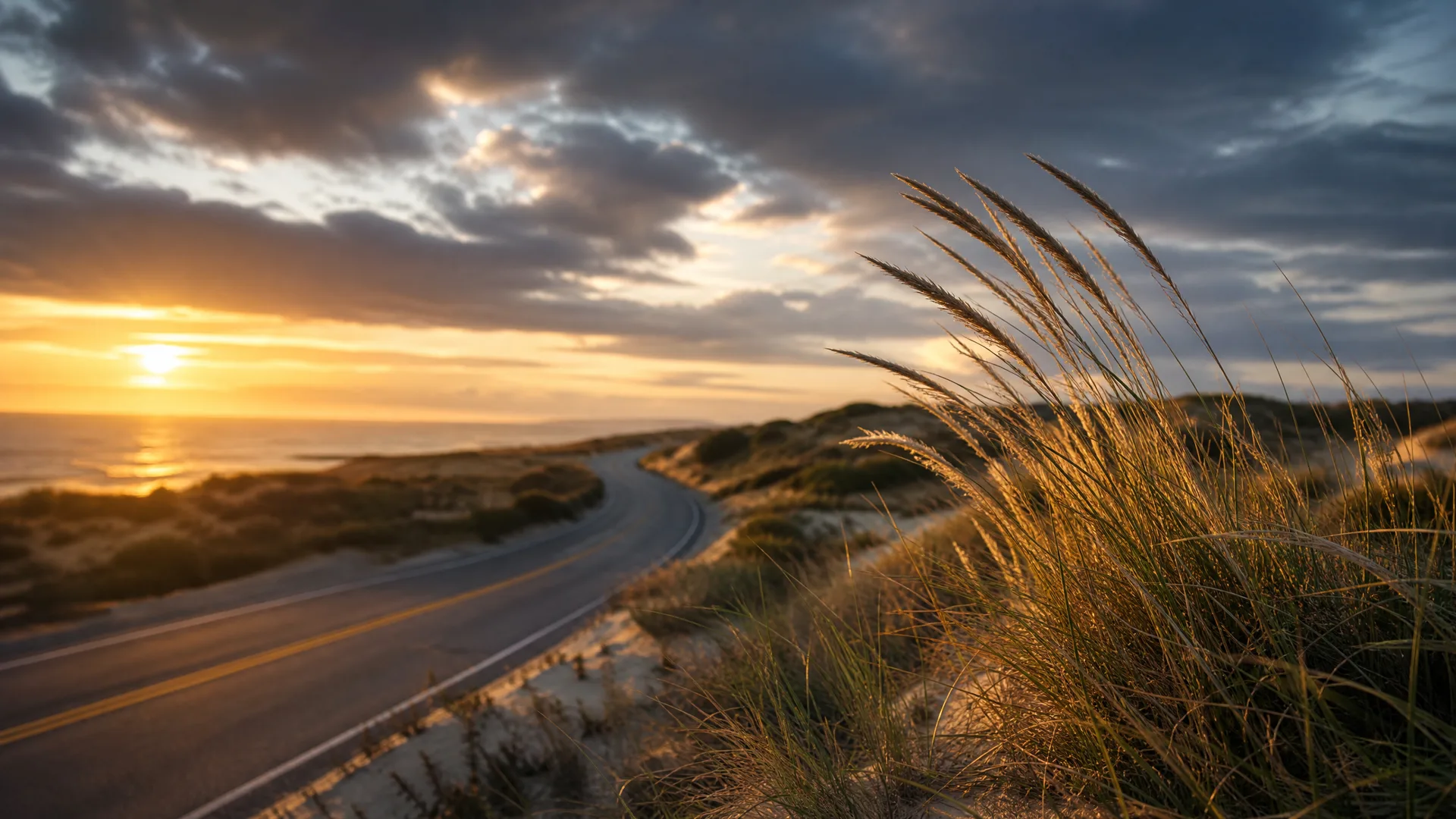 A two-lane paved road curves through grassy coastal dunes at sunset, with the sun low over the ocean on the left and tall seed-headed grasses in close focus on the right.