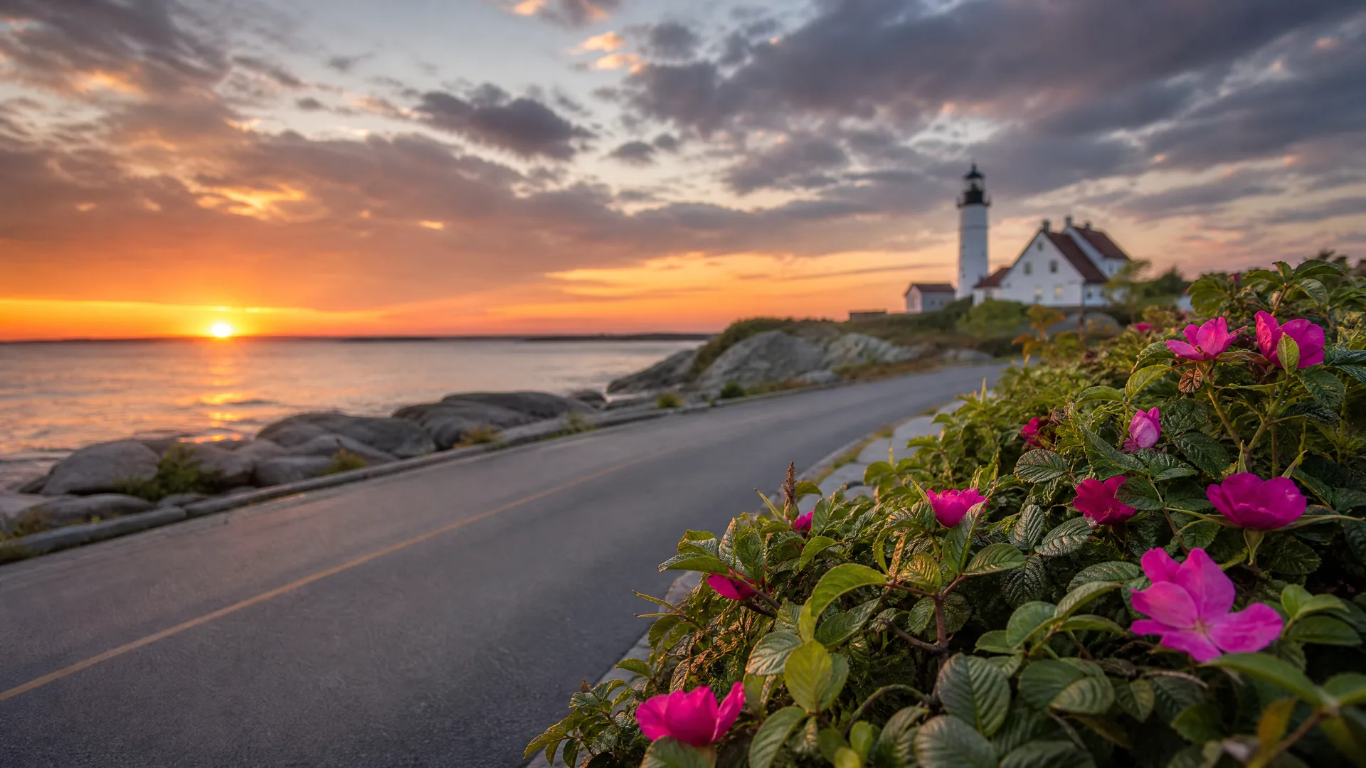 A paved road curves along a rocky coastline at sunset, with pink wild roses in the foreground and a white lighthouse and adjacent buildings on a headland in the background.