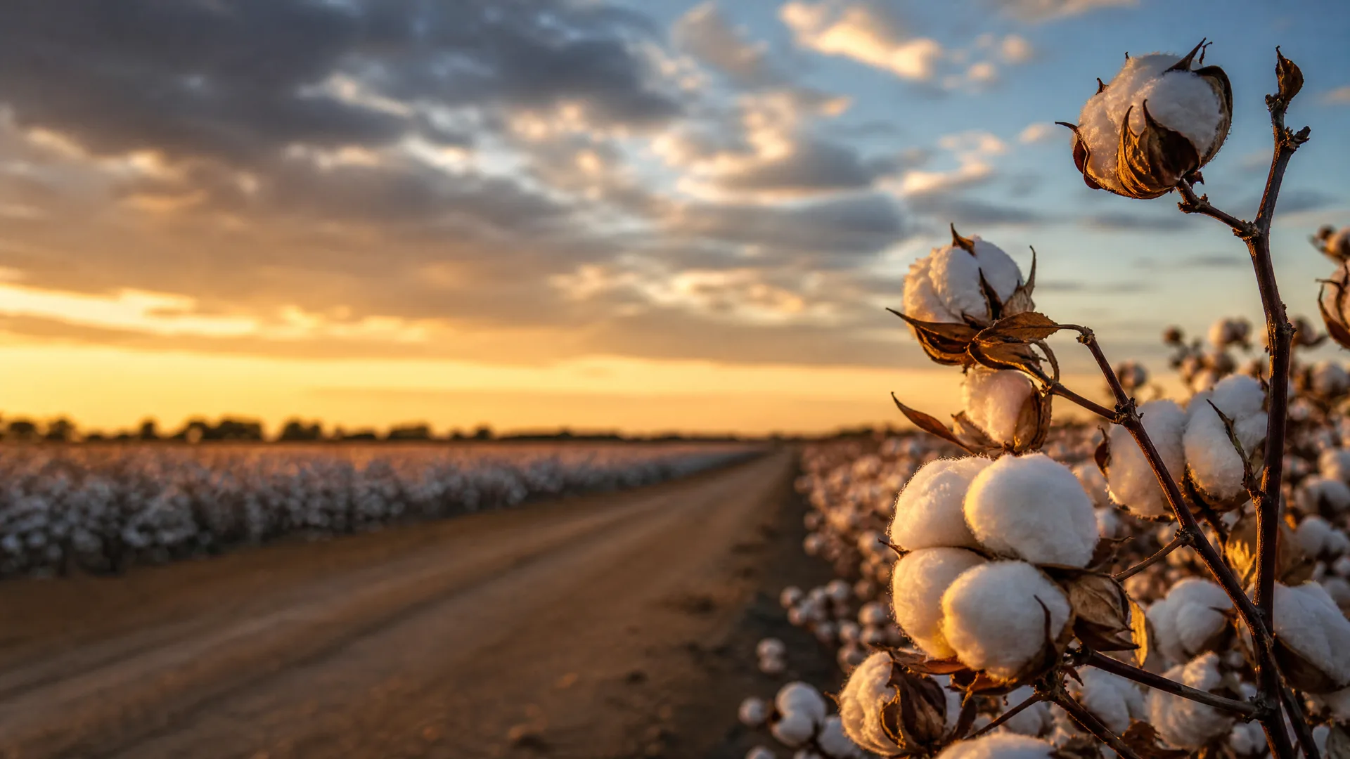 A dirt track runs between rows of cotton plants at sunset, with open cotton bolls on a branch in sharp focus at the right edge of the frame.