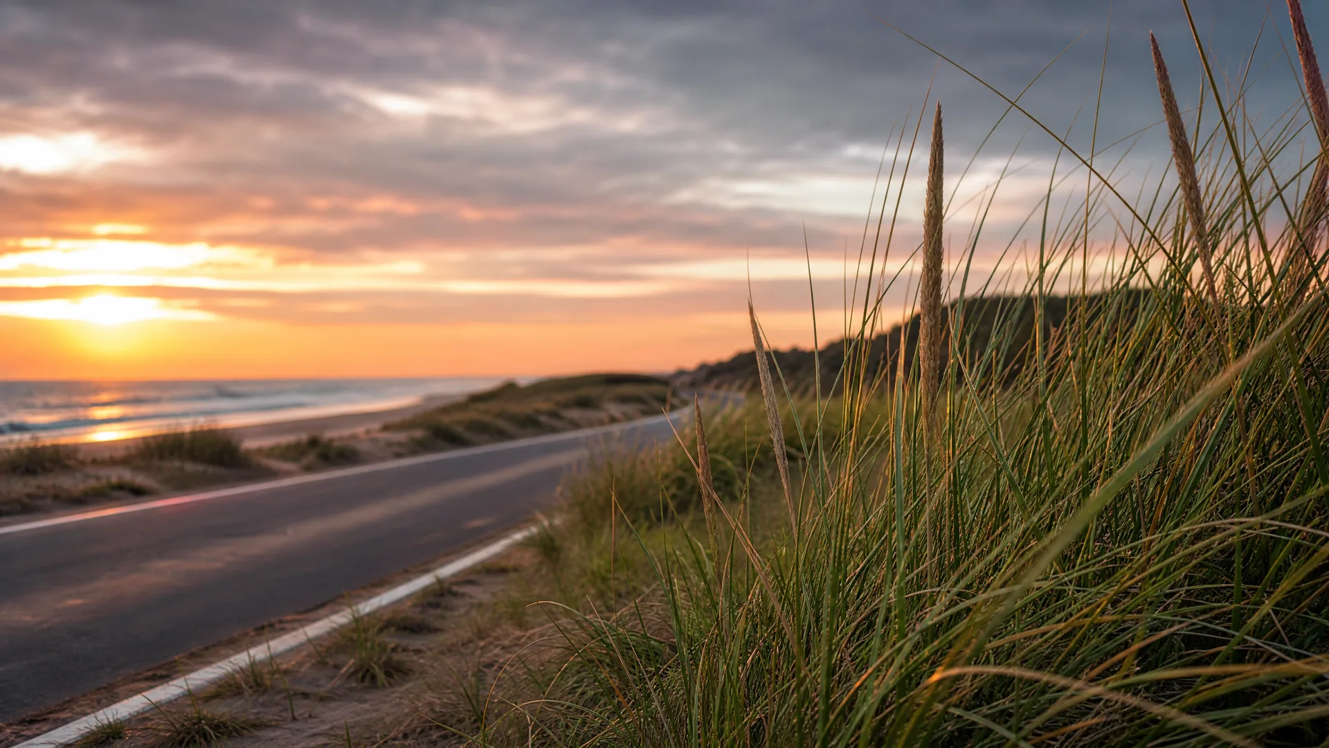 A paved road with a white edge line curves along coastal dunes covered in tall marram grass, with the sea and a sunset sky on the left.