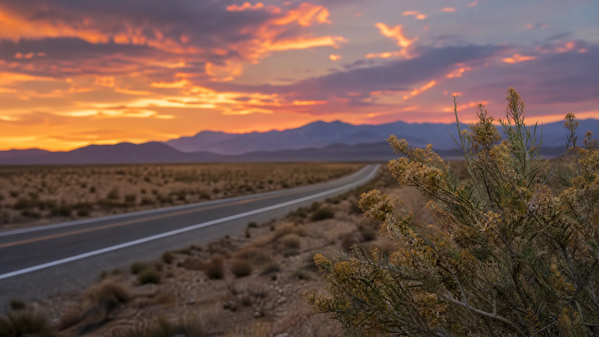 A two-lane road curves through flat desert scrubland toward distant mountains under an orange and purple sunset sky, with a shrub in sharp focus in the right foreground.
