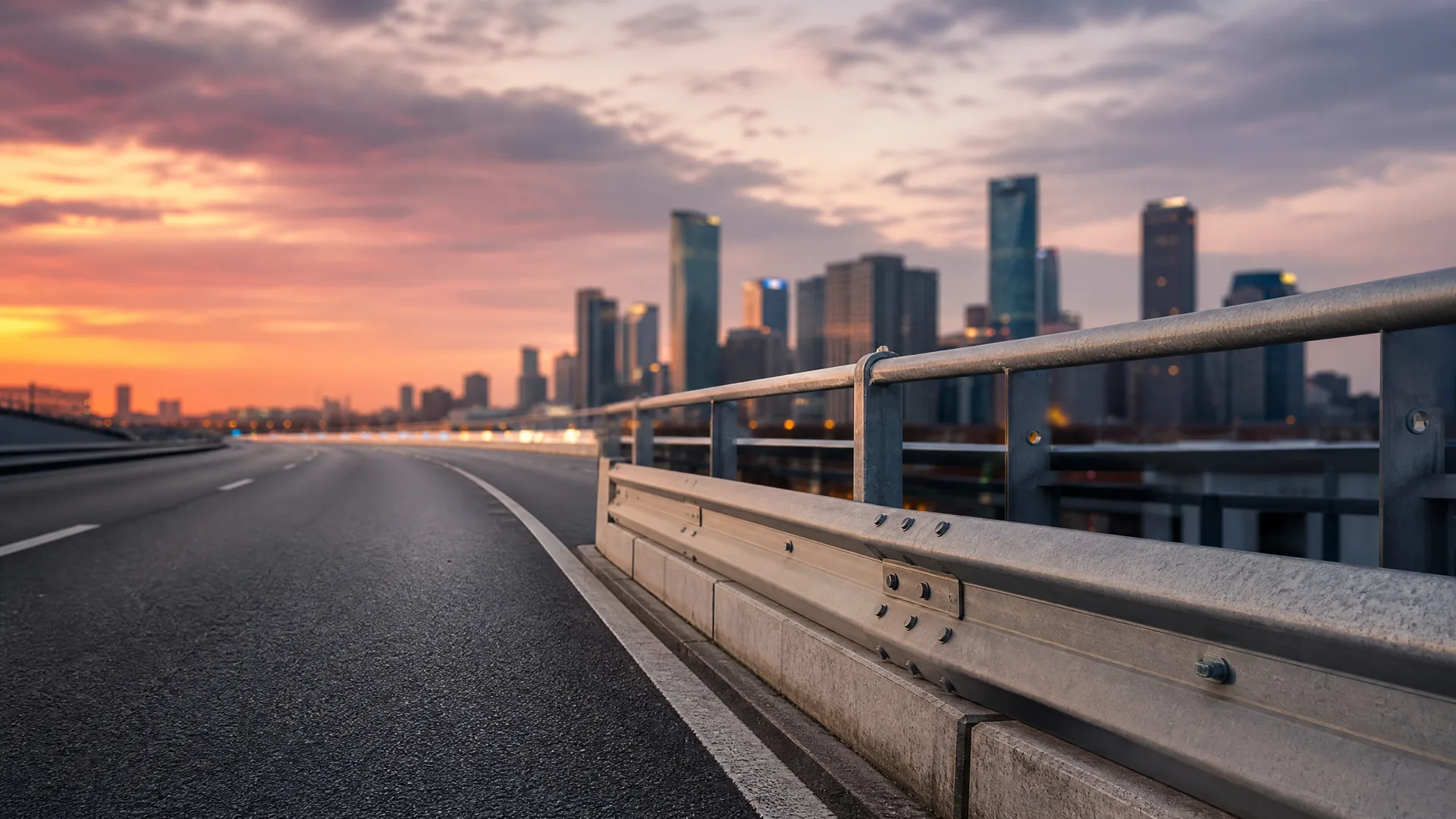 An empty asphalt road with painted lane markings curves beside a metal guardrail, with a blurred city skyline of high-rise buildings under an orange and purple sunset sky.