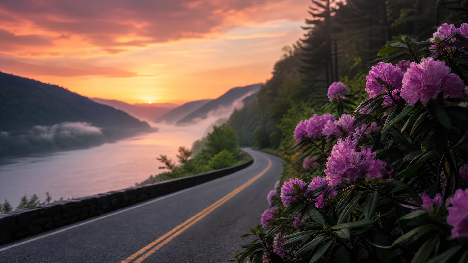 A curving two-lane road with a yellow center line and low stone wall runs above a misty river valley at sunset, with pink rhododendron flowers and dark green leaves filling the right foreground.